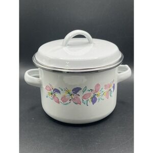 Small Vintage Enamel Pot w/ Lid - White w/ Flowers - Made in‎ Indonesia